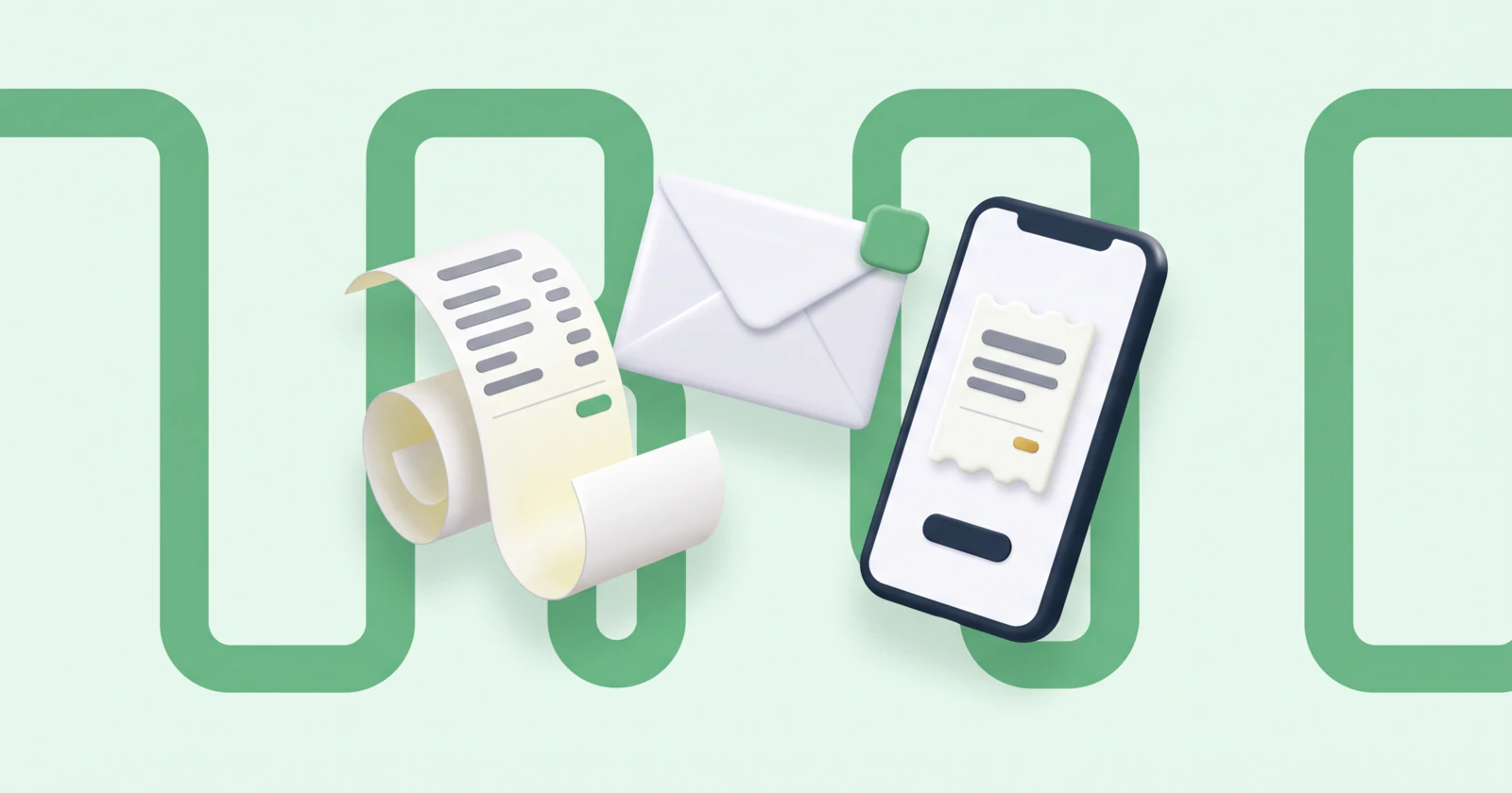 A curled paper receipt, a sealed envelope, and a phone showing a digital receipt, side by side