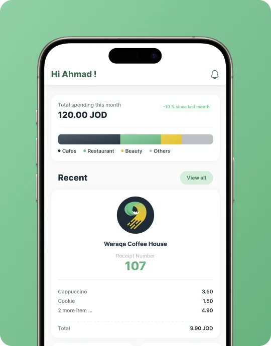 Waraqa app showing spending overview and receipts